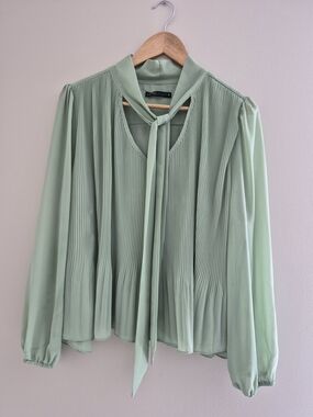 Limelight Pleated Tie-Neck Blouse in Sage